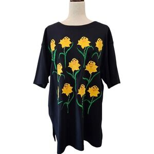 Vtg 80s Womens XL Black Whimsical‎ Floral T-Shirt Daffodil Flower Embroidered